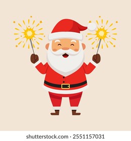 Santa Claus holding sparkler or firework. Cute Santa Claus character isolated background.