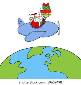 Santa Claus Holding Up A Stack Flying Around Earth
