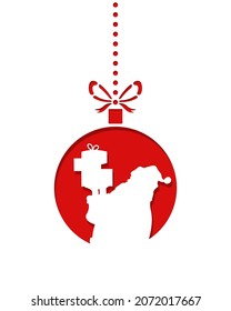 Santa Claus está sosteniendo una pila de regalos. Plantilla de tarjeta de felicitación con adorno de navidad. Silueta navideña para corte láser.