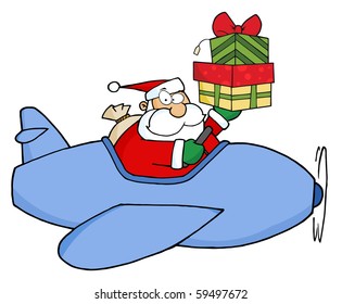 Santa Claus Holding Up A Stack His Christmas Plane