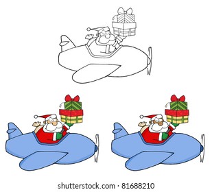 Santa Claus Holding Up A Stack His Christmas Plane.Vector Collection