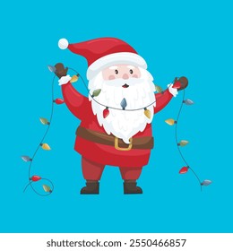 Santa Claus sosteniendo luces de cuerda. Navidades ilustración de dibujos animados para decoraciones de vacaciones