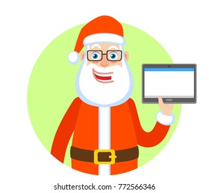 Santa Claus holding tablet PC. Portrait of Cartoon Santa Claus Character. Vector illustration in a flat style.