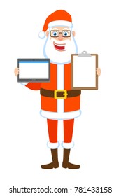 Santa Claus holding tablet PC and showing clipboard. Full length portrait of Cartoon Santa Claus Character. Vector illustration in a flat style.