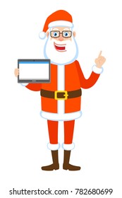 Santa Claus holding tablet PC and pointing up. Full length portrait of Cartoon Santa Claus Character. Vector illustration in a flat style.