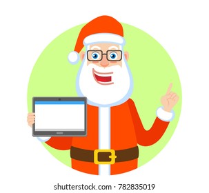 Santa Claus holding tablet PC and pointing up. Portrait of Cartoon Santa Claus Character. Vector illustration in a flat style.