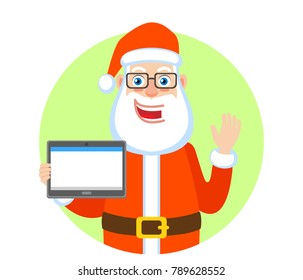 Santa Claus holding tablet PC and raised a hand in greeting. Portrait of Cartoon Santa Claus Character. Vector illustration in a flat style.