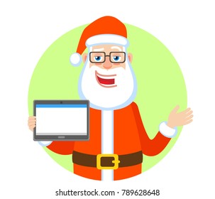 Santa Claus holding tablet PC and gesticulating. Portrait of Cartoon Santa Claus Character. Vector illustration in a flat style.