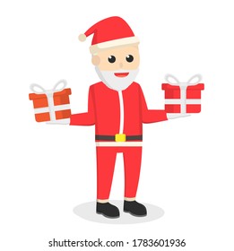 Santa claus holding two gifts. Character design on white background