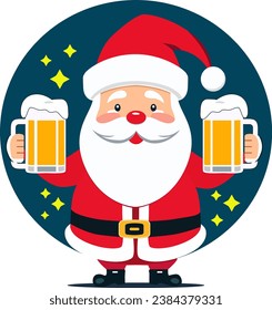 Santa Claus holding a two glass of beer. Sticker for christmas and winter celebrations