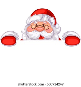 Santa Claus holding a white blank sign for your text. Cartoon vector illustration.