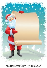 Santa claus holding wishlist with christmas background