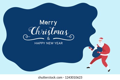 Santa Claus holds santa bag and show text Merry Christmas And Happy New Year. Cartoon Vector Illustration.