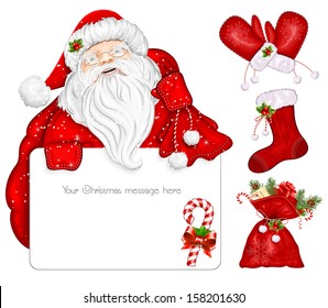 Santa Claus holds banner for text. Traditional Christmas objects. Vector illustration