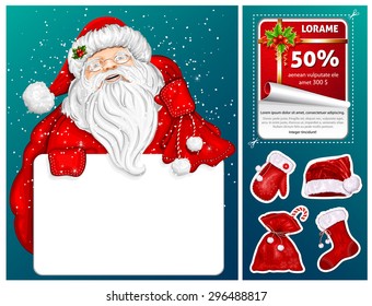 Santa Claus holds banner for text on blue snow background and traditional christmas sale stickers. Vector illustration
