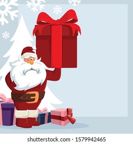 
Santa Claus holds a big gift in his hand. A snow tree stands behind and snowflakes fall. There are many gifts on the floor.