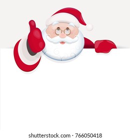 Santa Claus holds a blank sheet for text and shows thumbs up. Vector illustration