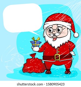 Santa Claus holds a blue gift box and puts the bag on the ground. Snow falling in winter. Blank text box for greeting text. Christmas concept.
