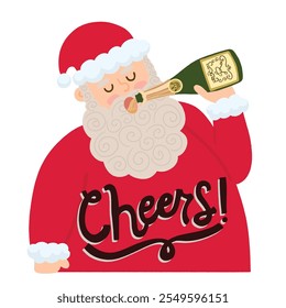 Santa Claus holds champagne in his hand. New Year card. Christmas greetings.
