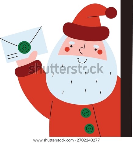 Santa Claus holds an envelope with a tree seal in a flat style. A jolly Santa with a letter peeks from the side with a cheerful expression. Cartoon vector illustration.