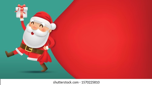 Santa Claus holds a gift box and is pulling a big red bag. illustration vector with copy space.