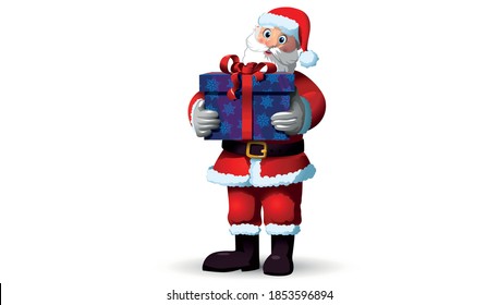 Santa Claus holds a gift box in his hand. White background, isolated. Christmas theme vector illustration.