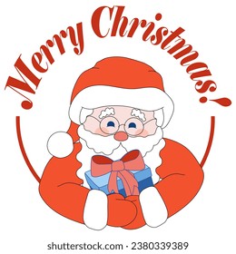 Santa Claus holds a gift in a red round frame with a Merry Christmas wish on top. Cartoon vector illustration for cards, prints, stickers