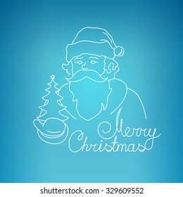 Santa Claus Holds in a Hand Christmas Tree,  Noel  on a Blue Background , Christmas Decoration,  Line Style, Vector Illustration