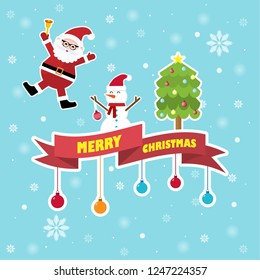 Santa Claus holds a joyful jump bell. And snow dolls and Christmas trees. And there is a happy Christmas card on the background.