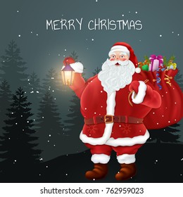 Santa claus holds lantern. Forest landscape. Christmas holidays.