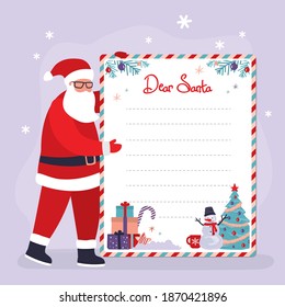 Santa Claus holds letter template. Xmas greeting card. Merry christmas gift card. Envelope decoration for new year. Winter holiday and celebration. Gifts wish list, place for text. Vector illustration