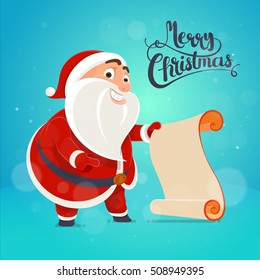 Santa Claus holds a list of card concept, poster lettering idea celebratory banner