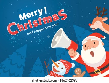 Santa Claus holds a megaphone and announces Merry Christmas and happy new year.