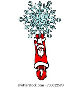 Santa Claus holds on to a snowflake.Vector illustration, colors on white background. Humorous illustration. New Year.