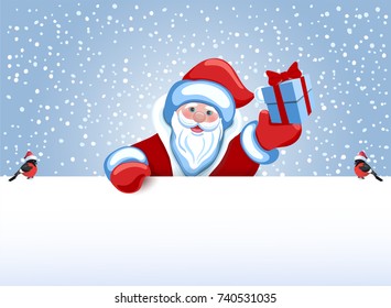 Santa Claus holds poster in the form of a snowdrift for advertise discounts, sales or an invitation to celebrate Christmas. Design of the New Year presentation.