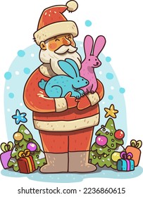 Santa Claus holds rabbits in his arms, New Year, 2022, winter, snow.