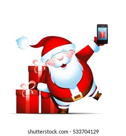 Santa Claus holds smartphone in his hand. Phone with gift box on screen. Ordering presents. Isolated vector illustration 10 EPS