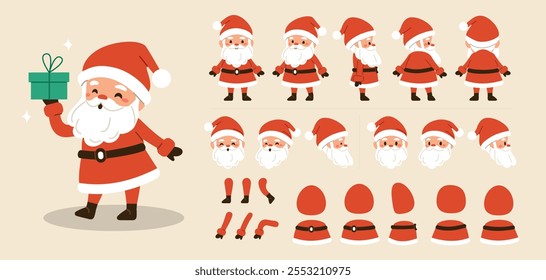 Santa Claus holiday character constructor for animation. Front, side and back view set. Body parts, postures, poses collection. Vector illustration.