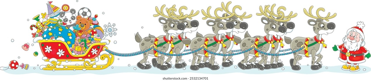 Santa Claus with holiday gifts going to travel in his magic sleigh with a team of flying reindeers on a snowy night before Christmas, vector cartoon illustration on a white background