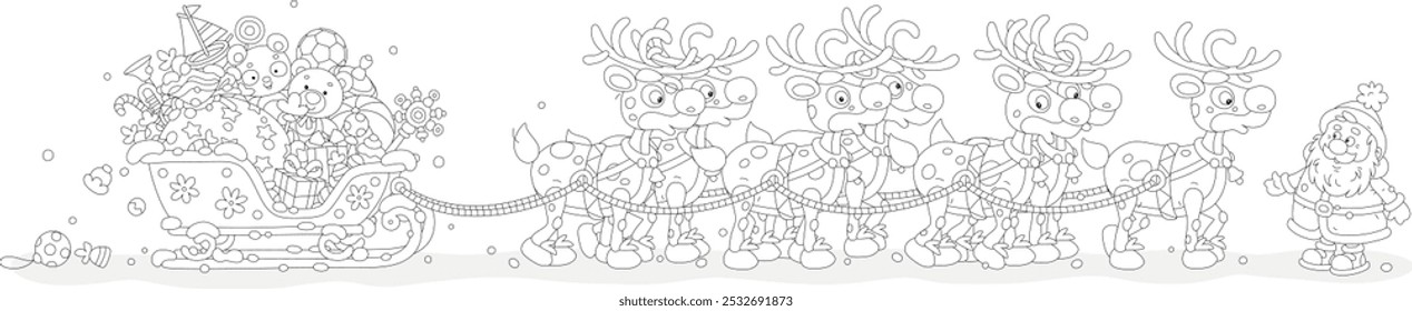 Santa Claus with holiday gifts going to travel in his magic sleigh with a team of flying reindeers on a snowy night before Christmas, black and white vector cartoon illustration