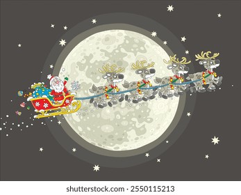 Santa Claus with holiday gifts in his magical sleigh with a team of reindeers flying in the night sky on the background of the glowing Moon on a snowy night before Christmas, vector cartoon