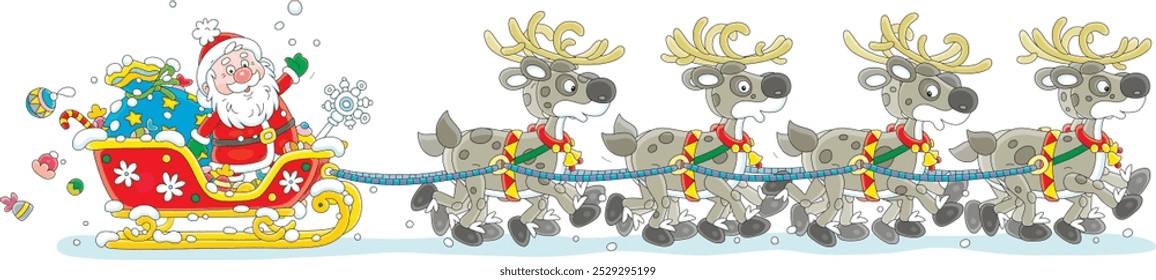 Santa Claus with holiday gifts riding in his magic sleigh with a team of flying reindeers on a snowy night before Christmas, vector cartoon illustration isolated on a white background