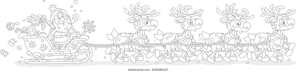 Santa Claus with holiday gifts riding in his magic sleigh with a team of flying reindeers on a snowy night before Christmas, black and white vector cartoon illustration for a coloring book