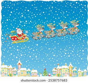 Santa Claus with holiday gifts riding in his magic sleigh with a team of flying reindeers over a snow-covered town on a snowy night before Christmas, vector cartoon illustration