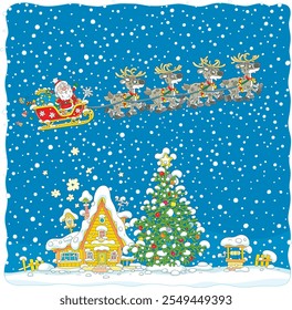 Santa Claus with holiday gifts riding in his magic sleigh with a team of flying reindeers over a snow-covered village house on a snowy night before Christmas, vector cartoon illustration