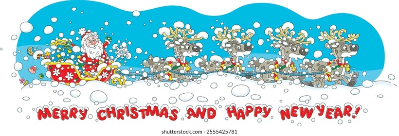 Santa Claus with holiday gifts riding in his magic sleigh with a team of flying reindeers through heavy snowstorm and snowdrifts on a snowy night before Christmas, vector cartoon illustration