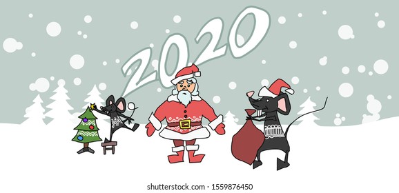 Santa Claus holiday mouse year poster. Stock illustration vector
