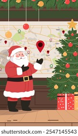 Santa Claus holiday planning Christmas map festive scene with Santa pointing at a map location near a decorated tree with gifts colorful ornaments