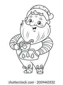 Santa Claus in home costume drinking sweet drink coloring page. Outline cartoon vector illustration