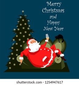 Santa Claus at home on the couch with champagne and a cat